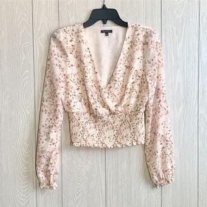 Violets & Roses Beige Pink Floral V-Neck Blouse Small NWOT